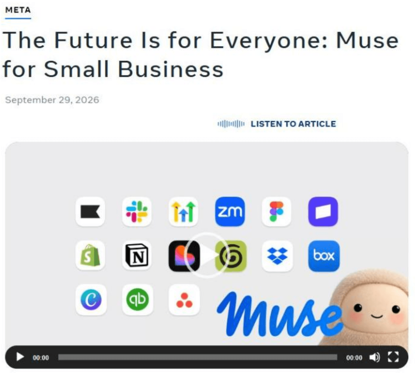 Meta's own announcement of Muse for Small Business, dated September 29, 2026. The tiles are some of the business tools Muse connects to, including Shopify, Notion, Slack, Zoom, Canva and QuickBooks.