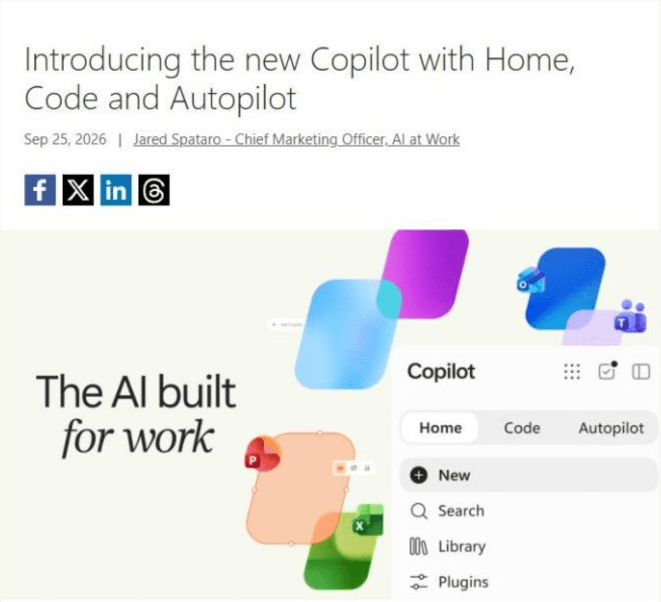 Microsoft's own announcement of the new Copilot, dated September 25, 2026. The app on the right shows the three new tabs: Home, Code and Autopilot.