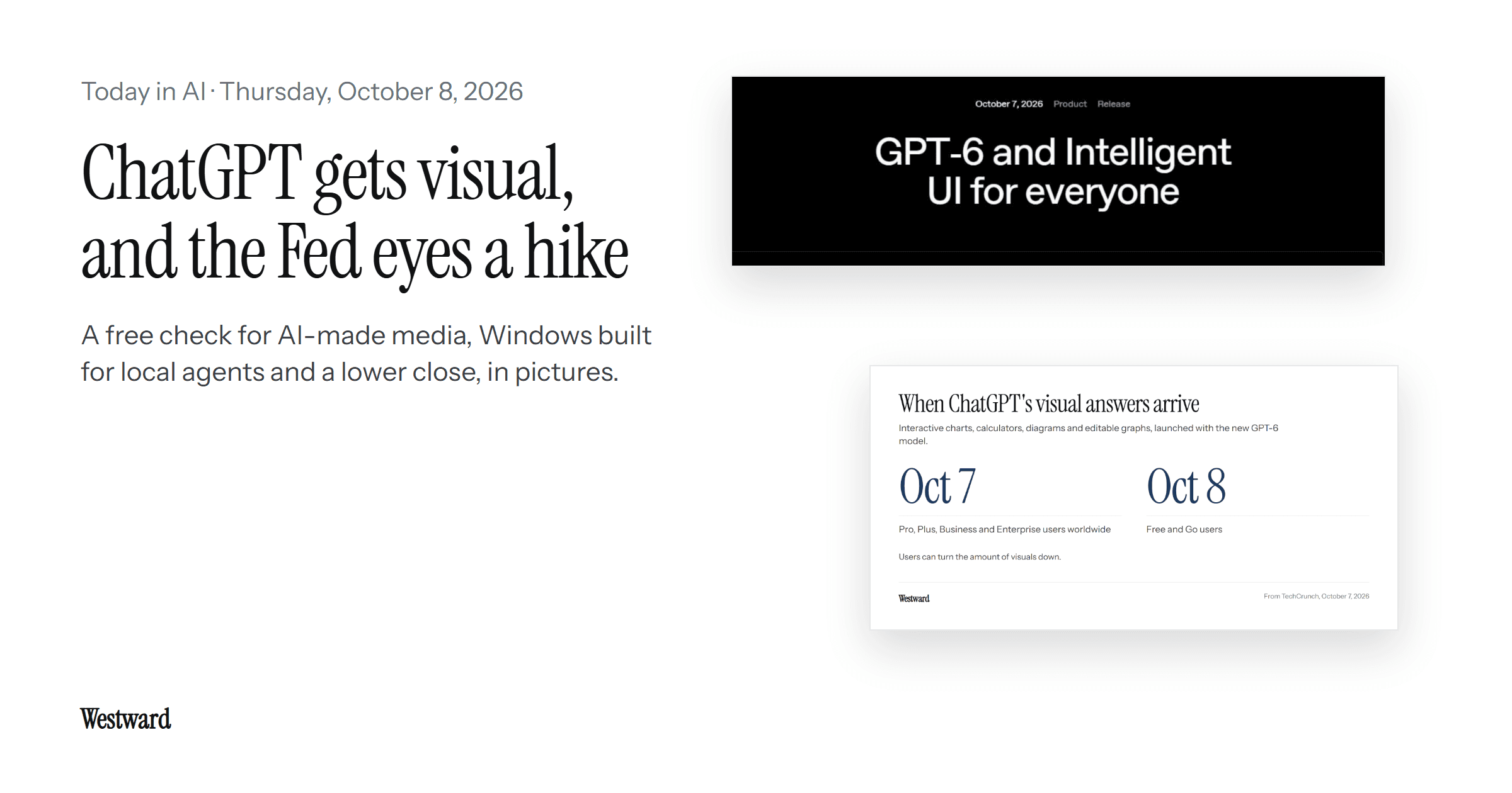OpenAI's own announcement page for GPT-6 and Intelligent UI, beside a figure of when the visual ChatGPT arrives, under the headline "ChatGPT gets visual, and the Fed eyes a hike".