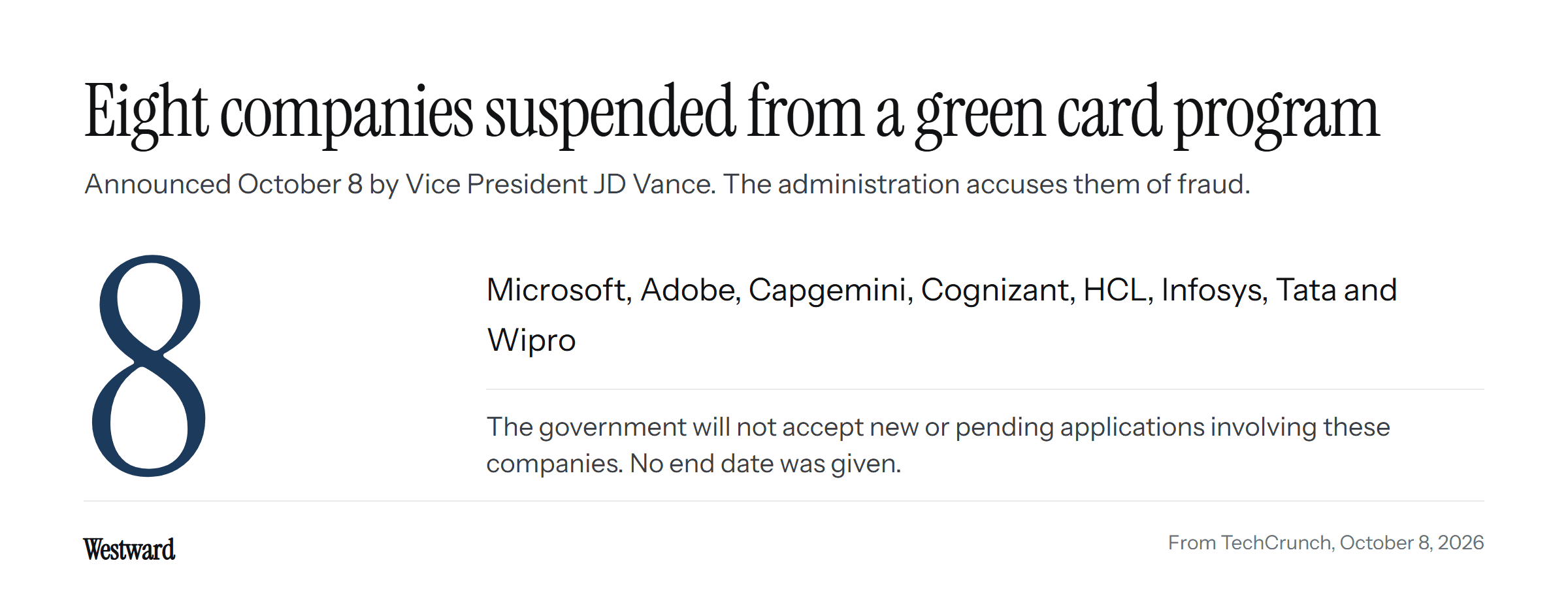 The number 8 beside the names of the eight suspended companies: Microsoft, Adobe, Capgemini, Cognizant, HCL, Infosys, Tata and Wipro, with the note that no end date was given.