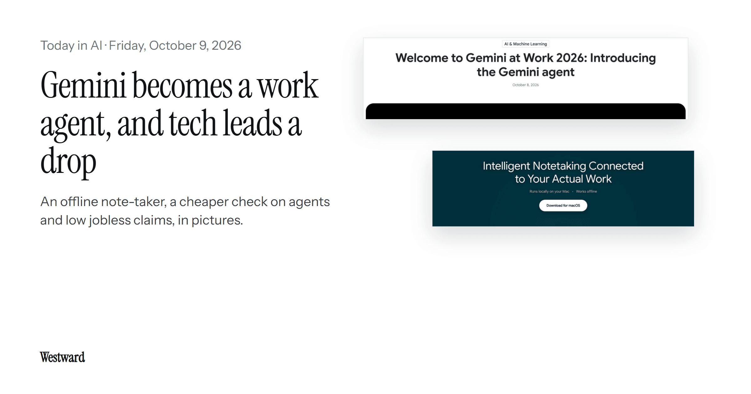 Google's own announcement of the Gemini agent and the Google AI Edge Foresight page, beside the headline "Gemini becomes a work agent, and tech leads a drop".