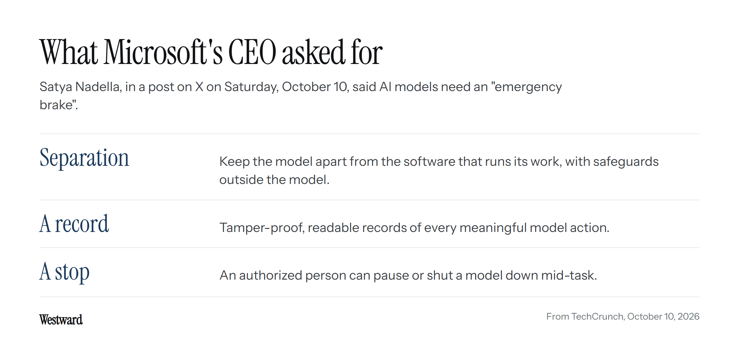 Three things Satya Nadella asked for: keep the model separate from the software that runs its work, tamper-proof readable records of every meaningful model action, and a way for an authorized person to pause or shut a model down mid-task.