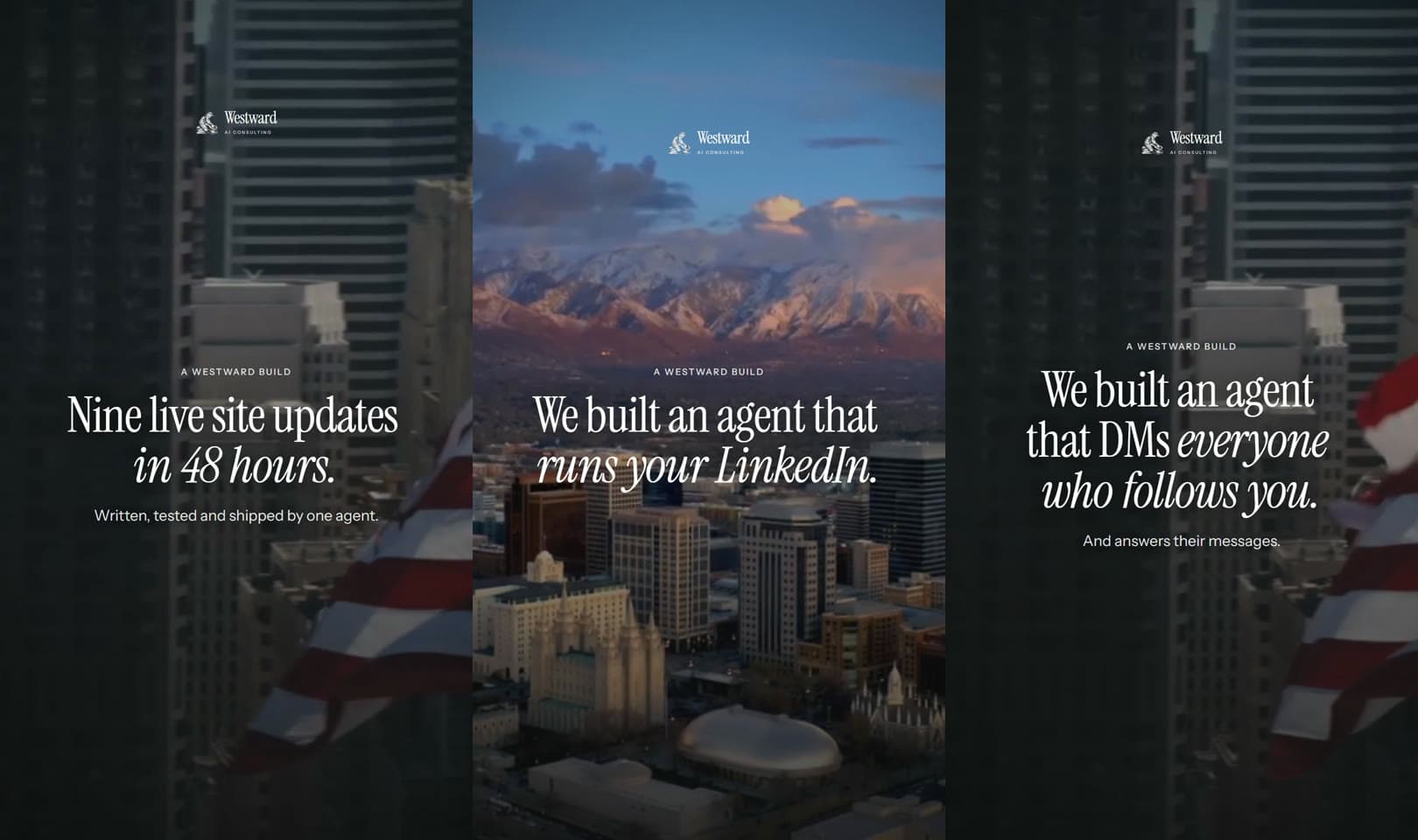 The first frame of each film. Every film opens on a result or a plain promise, over footage of an American city, with the Westward mark at the top.