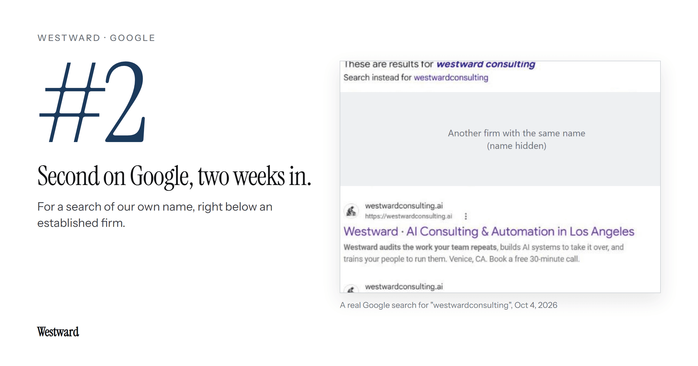 The number 2 beside a real Google results page for "westwardconsulting": westwardconsulting.ai is the second result.