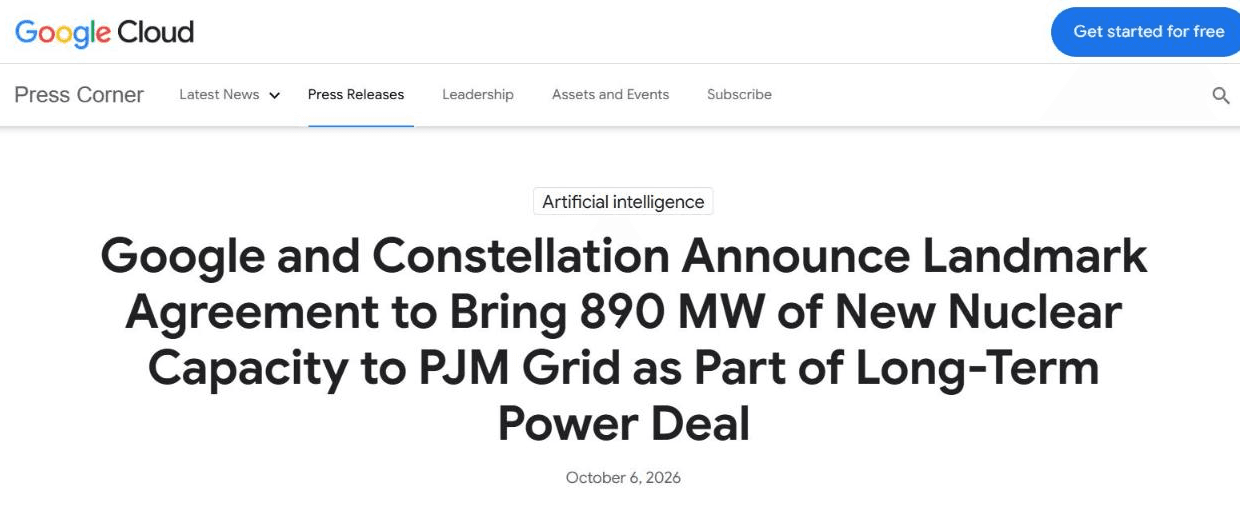 Google Cloud's own press release, dated October 6, 2026, announcing the agreement with Constellation to bring 890 MW of new nuclear capacity to the PJM grid.
