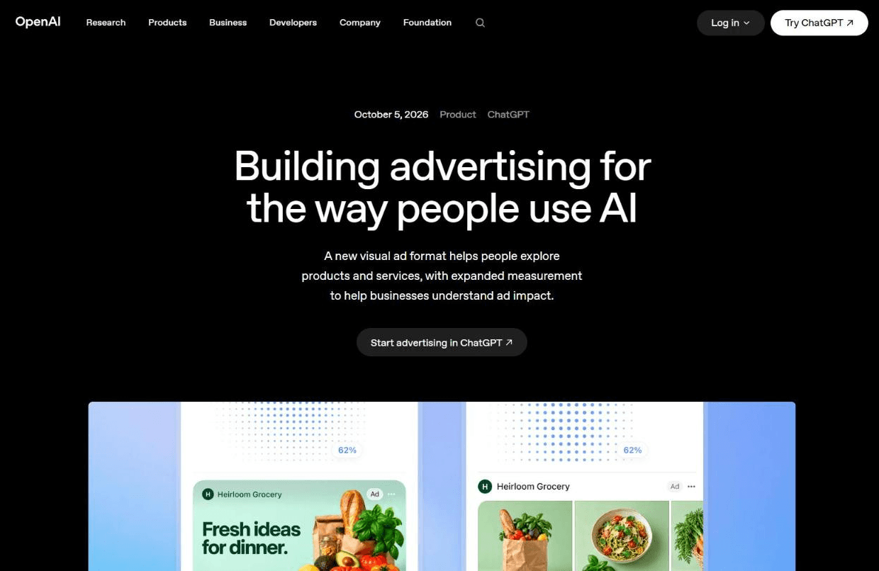 OpenAI's own announcement, dated October 5, 2026, titled "Building advertising for the way people use AI". The examples at the bottom are sample ads, each marked "Ad".