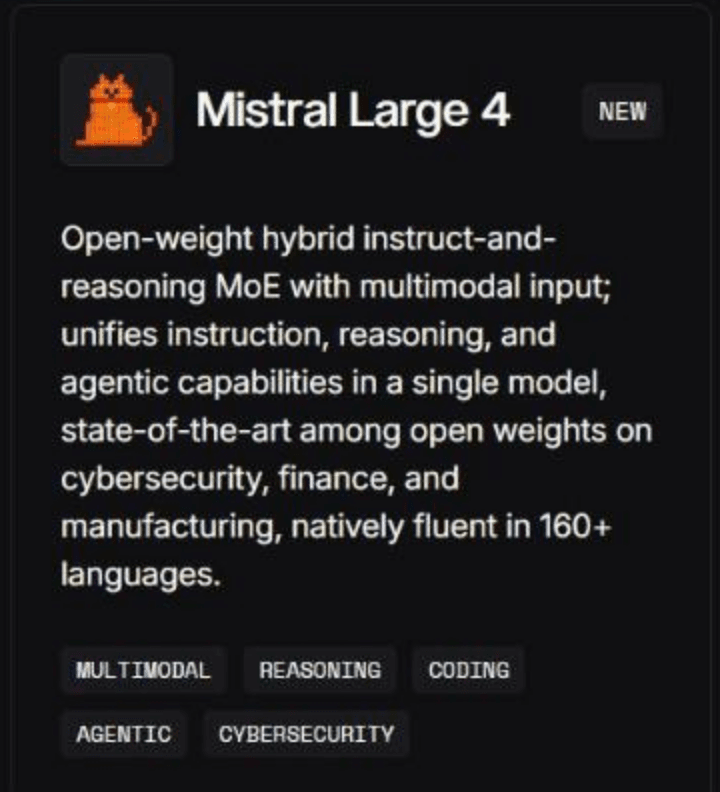 The model card from Mistral's own announcement page for Mistral Large 4, published October 6, 2026, which says the model is fluent in more than 160 languages.