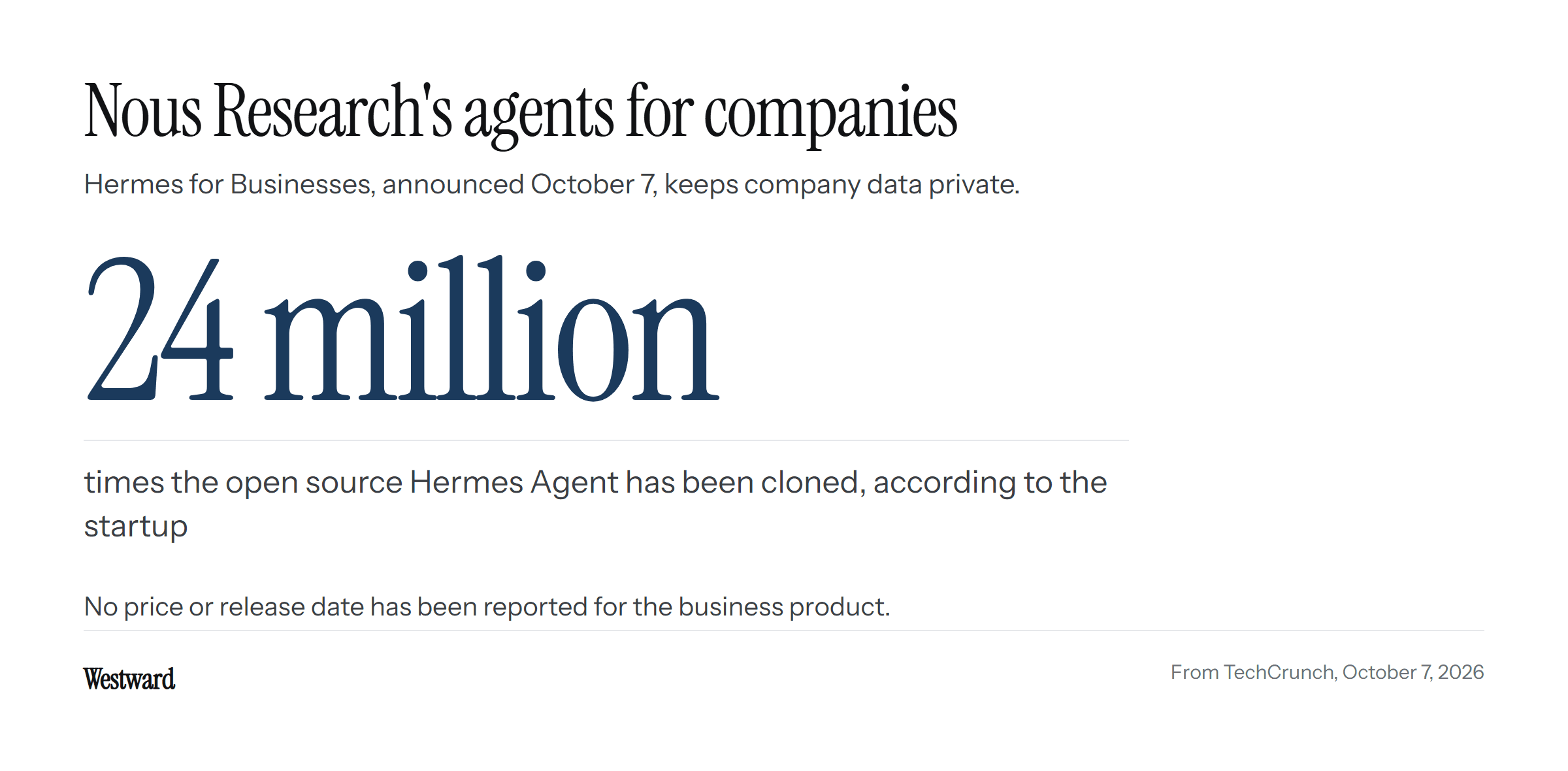 The figure 24 million, the times Nous Research says its open source Hermes Agent has been cloned, beside the note that no price or release date has been reported for the business product.