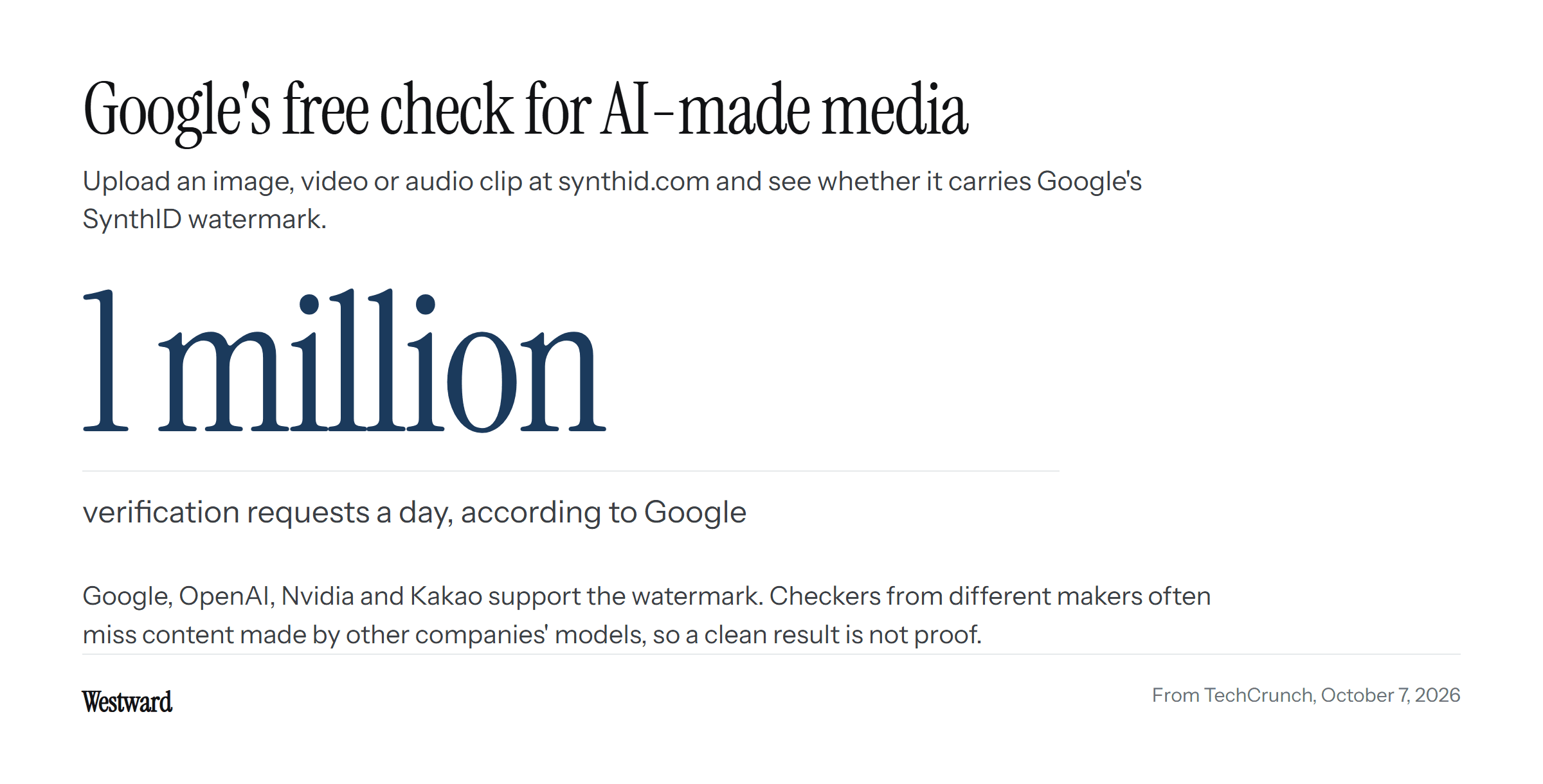 The figure 1 million, the verification requests a day Google says people make with SynthID, beside the note that Google, OpenAI, Nvidia and Kakao support the watermark and that checkers from different makers often miss content made by other companies' models.