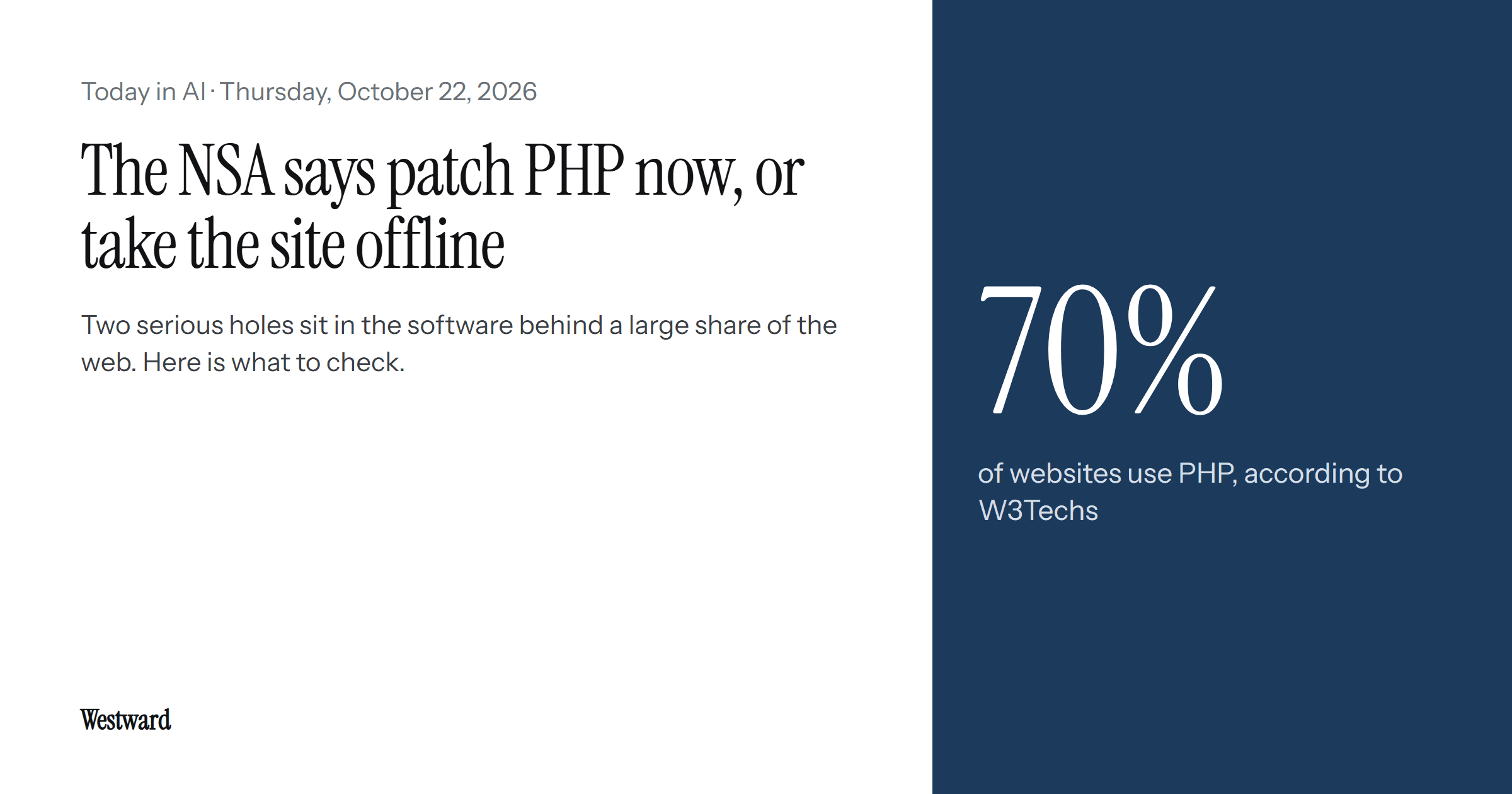 The headline "The NSA says patch PHP now, or take the site offline" beside the figure 70%, the share of websites that use PHP according to W3Techs.