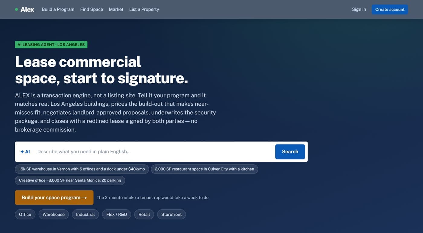 Alex home screen: lease commercial space start to signature, with a plain-English search box and example searches.