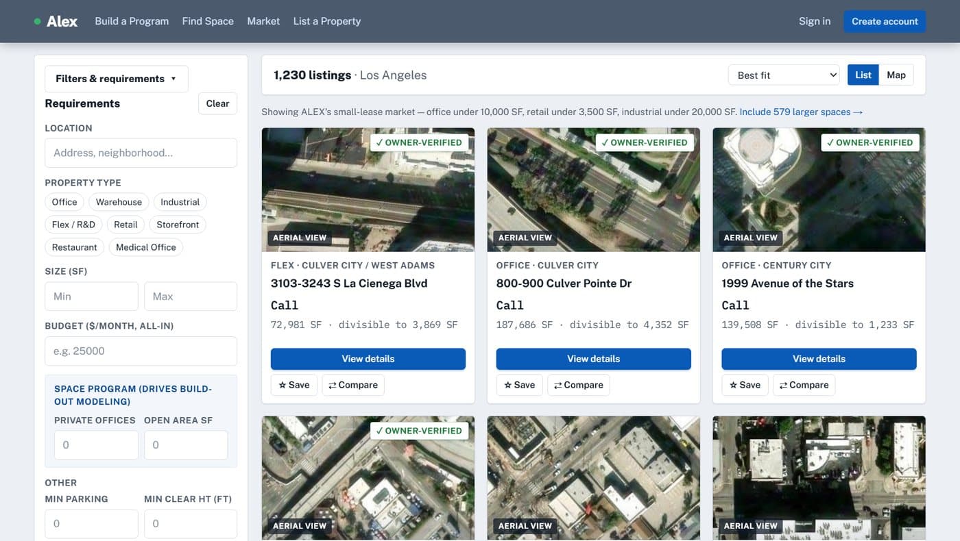 Alex search results: 1,230 Los Angeles listings with aerial photos, filters for size, budget and a space program.